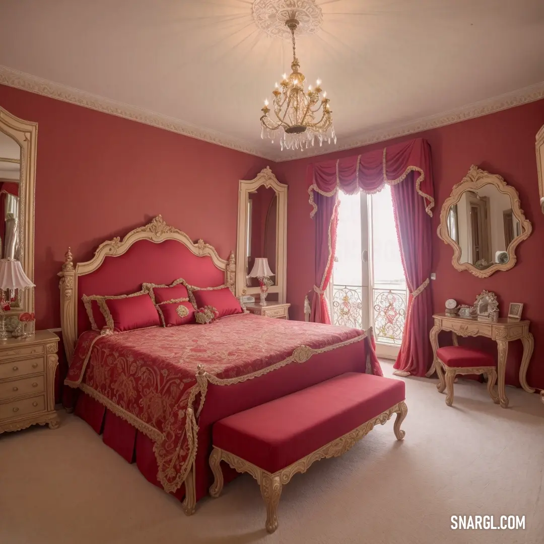 Bedroom with a pink bed and a chandelier and a window with a view of the city