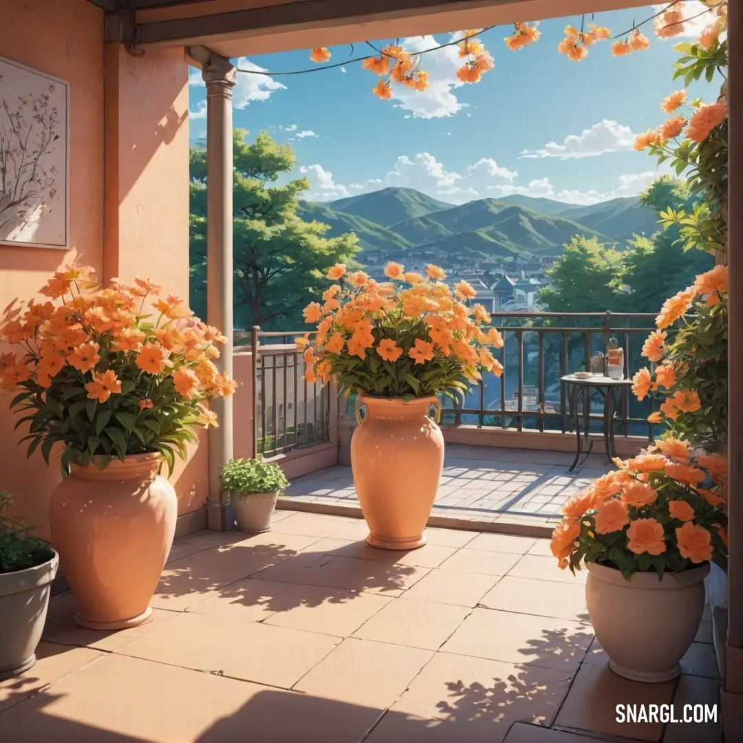 Balcony with a view of mountains and flowers in large vases on the floor and a table with chairs. Example of #E97451 color.