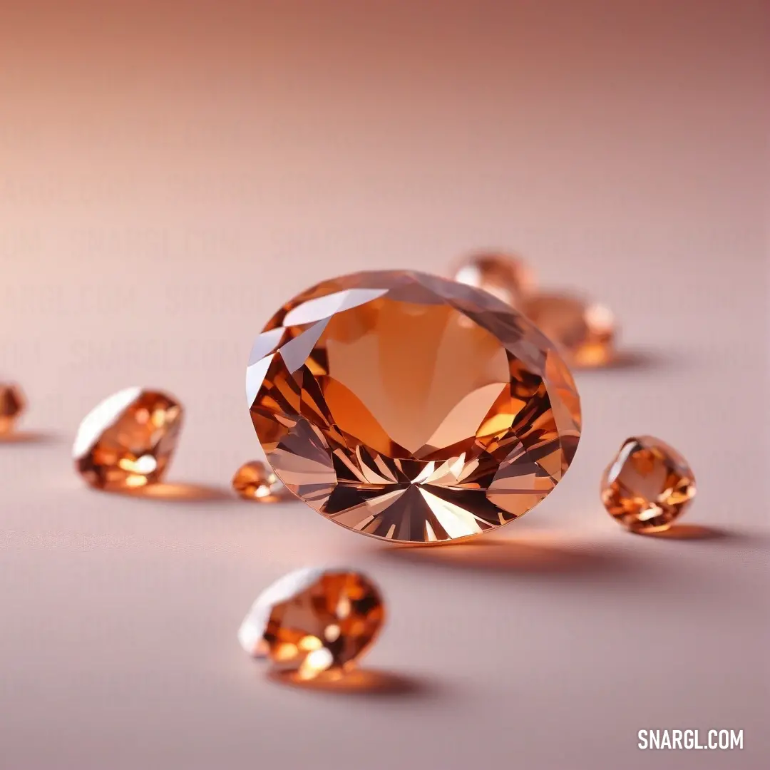 Group of orange diamonds on a white surface with drops of water around them and a light pink background. Example of #E97451 color.