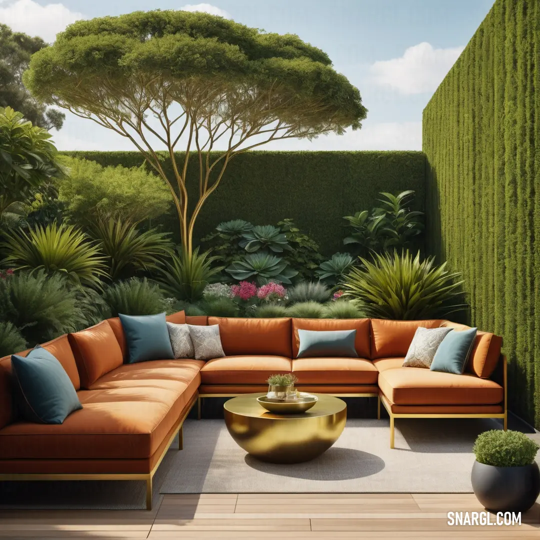Living room with a couch and a table in it and a large green hedge behind it and a large potted tree. Color Burnt sienna.