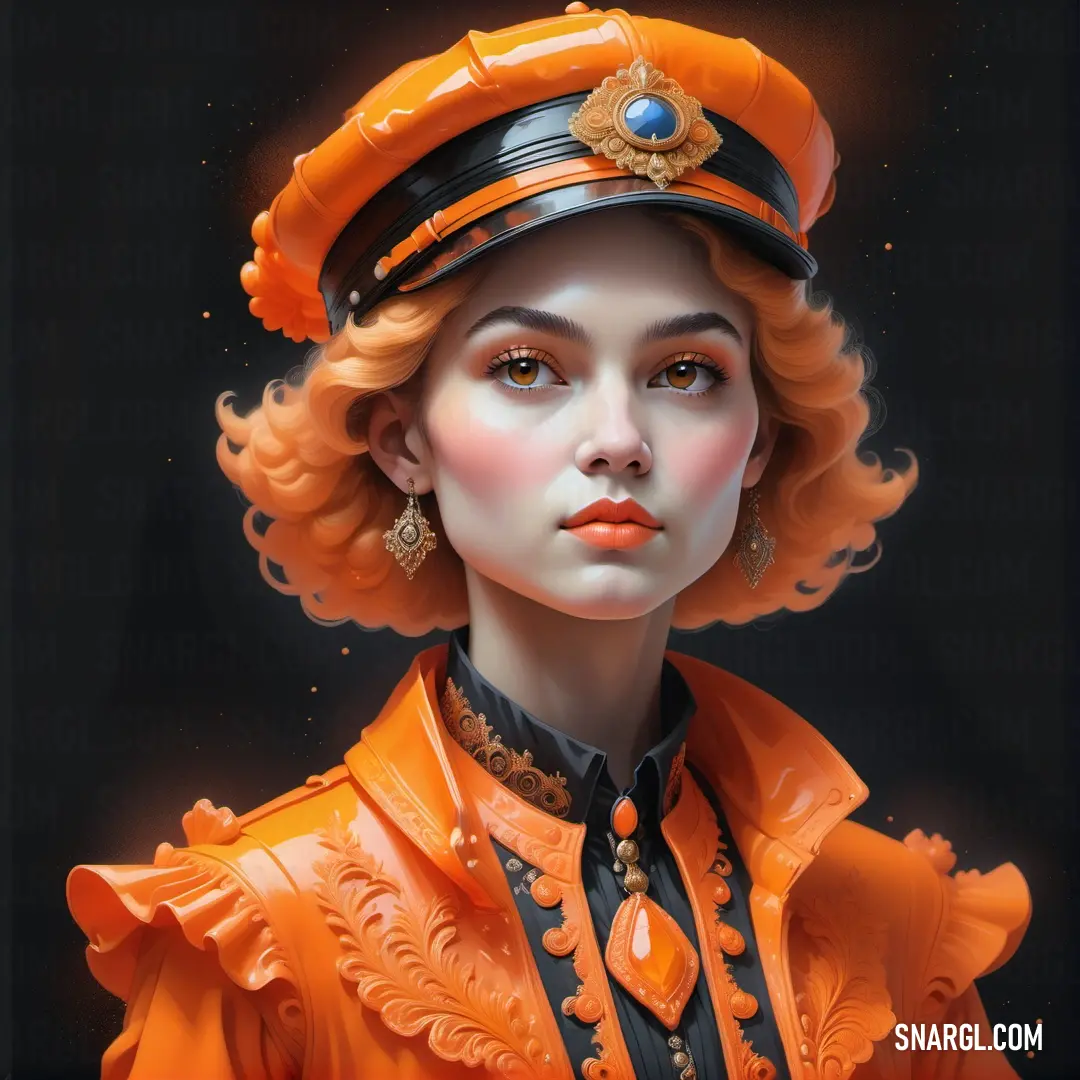 Painting of a woman wearing a hat and orange dress with a black background. Color CMYK 0,50,65,9.