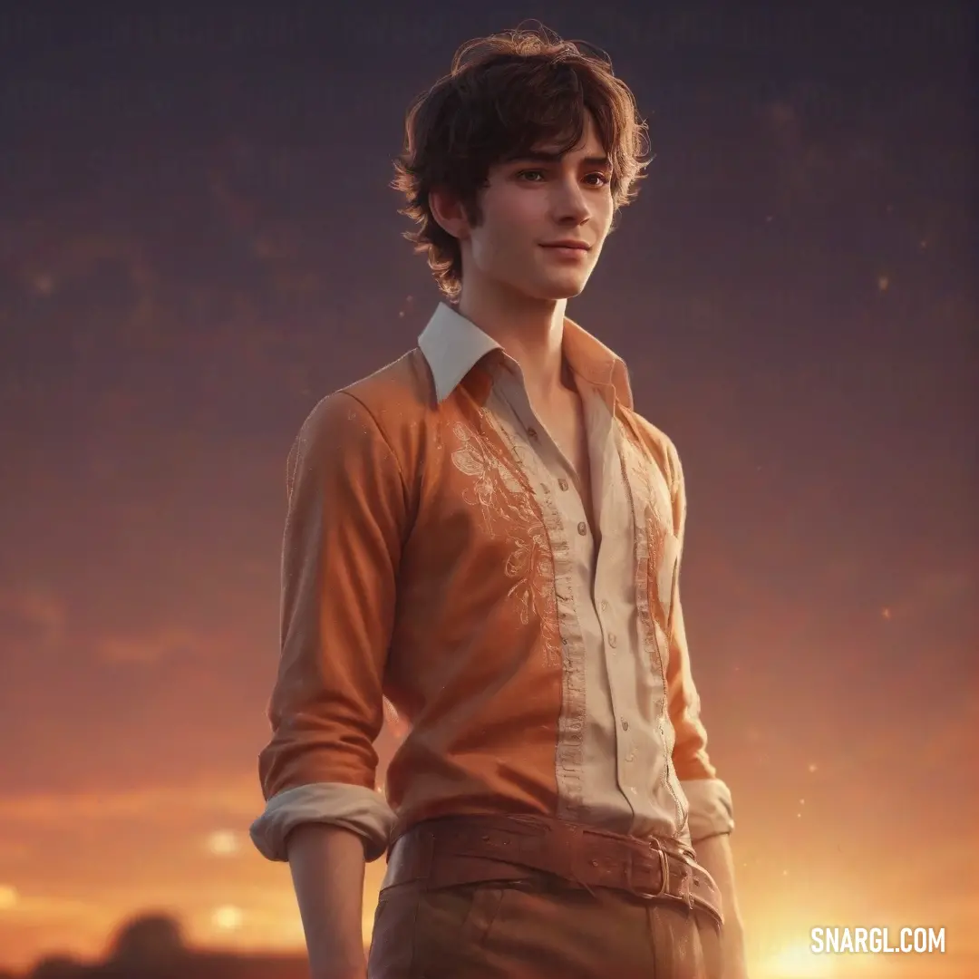 Burnt sienna color example: Young man standing in front of a sunset wearing a shirt and pants