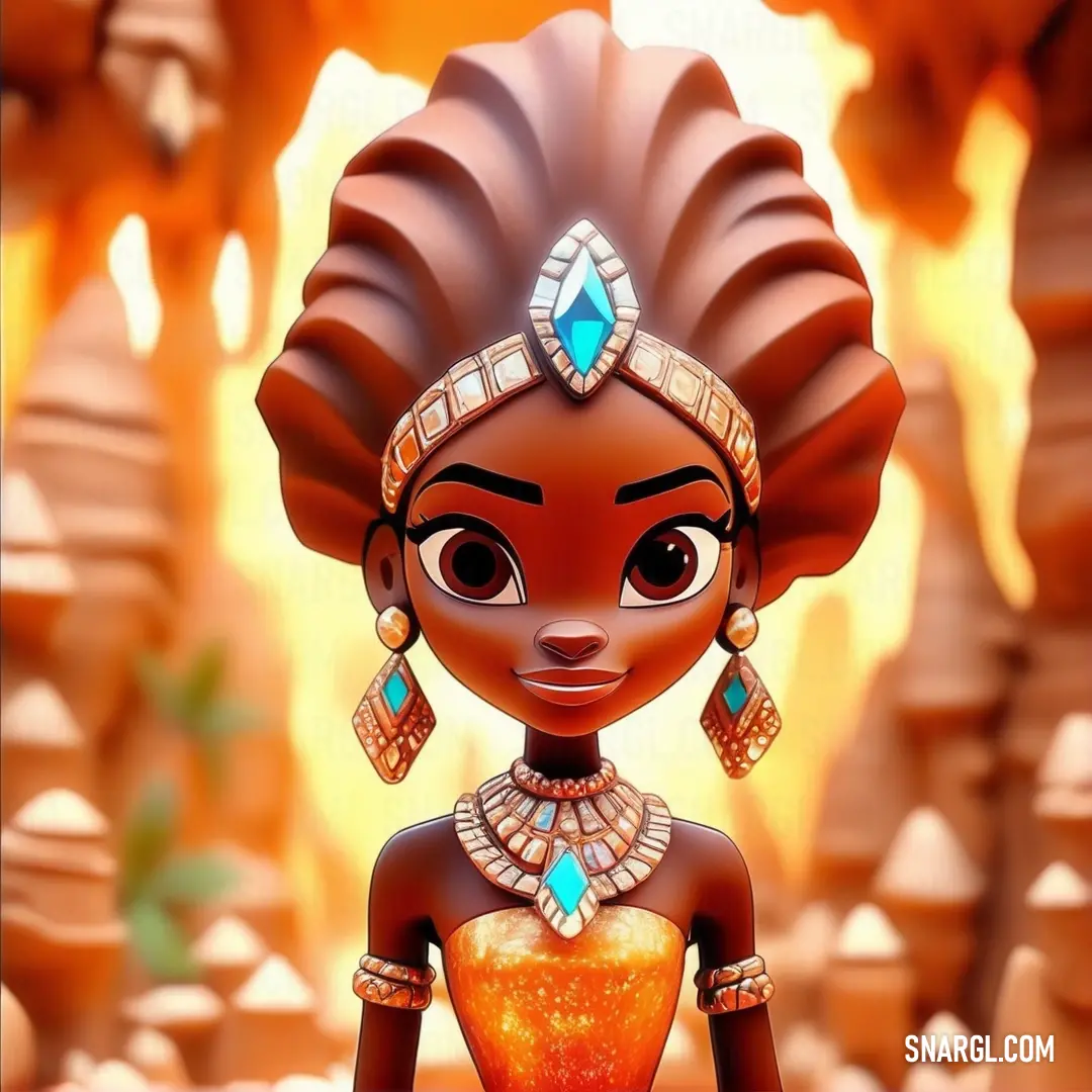 Cartoon character with a big head and a big necklace on her head and a big orange dress on her body. Example of #E97451 color.