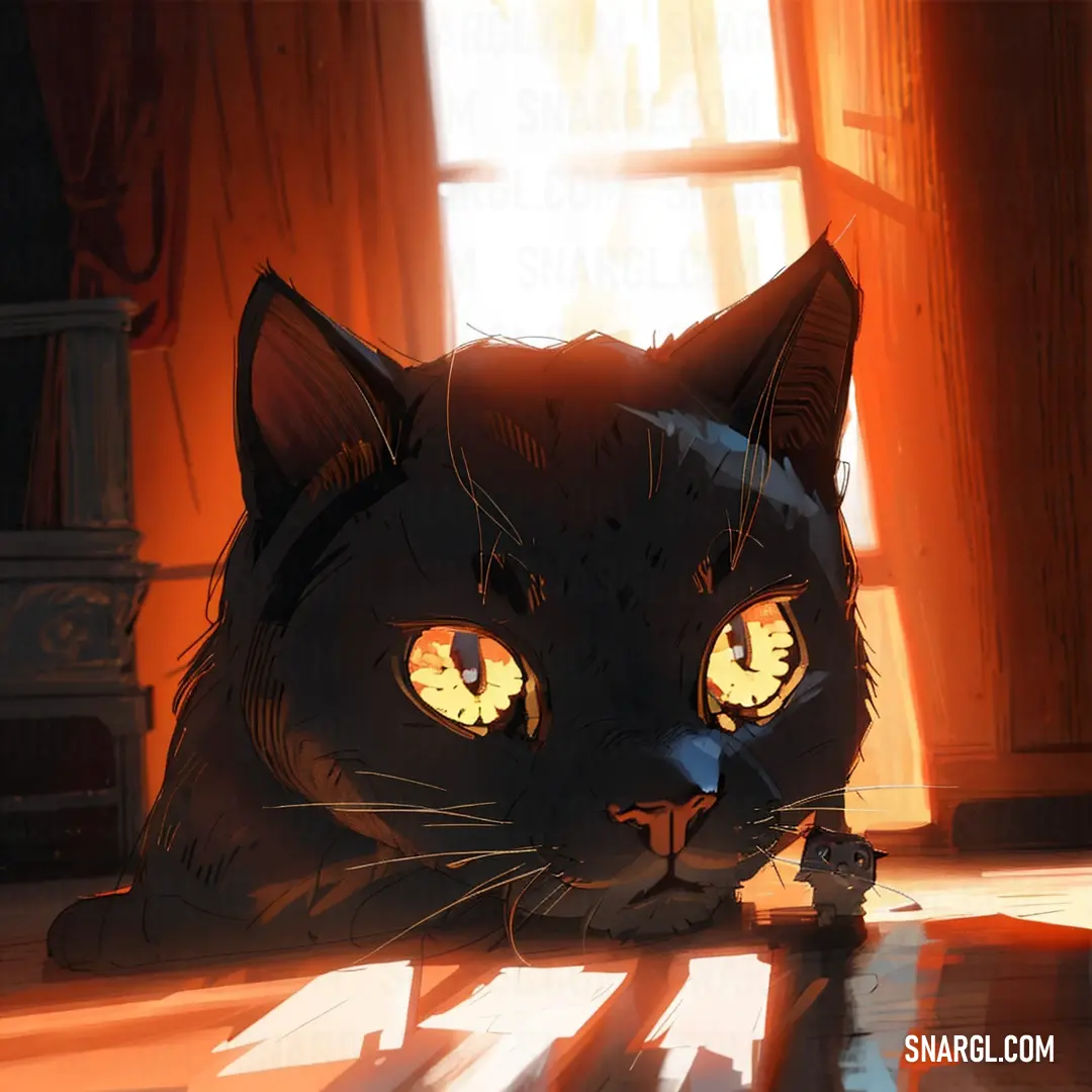 Cat with glowing eyes on the floor in front of a window with curtains and a lamp on