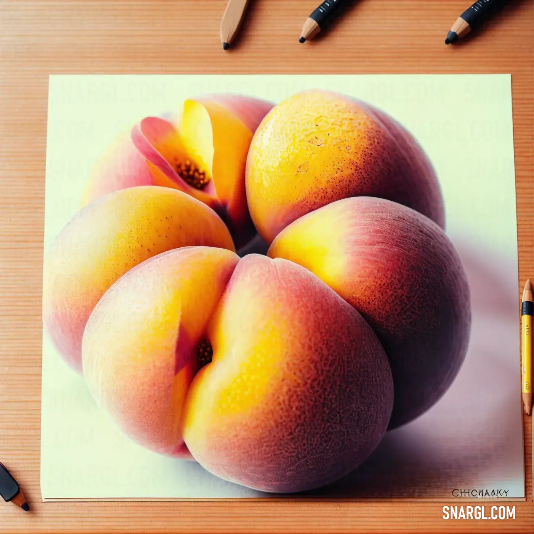 Drawing of peaches on a piece of paper with a pencil and markers nearby on a table with a pencil