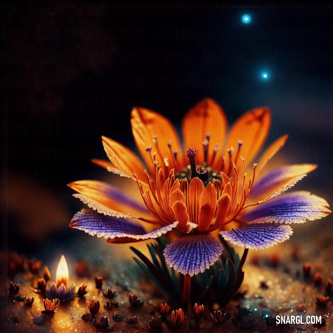 Flower with a candle in the middle of it and a sky background with stars in the sky and a blue and orange flower