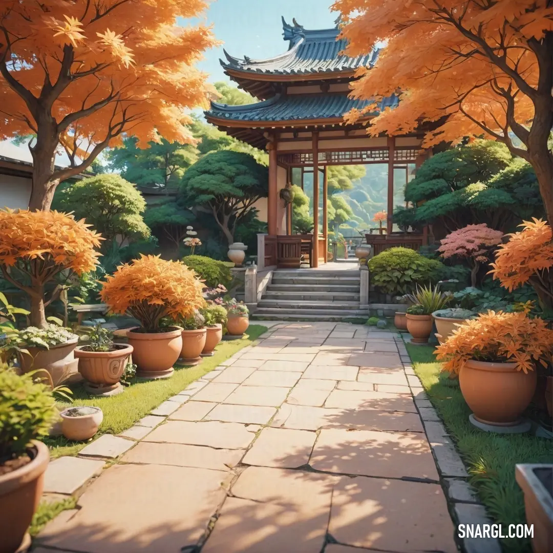 Burnt sienna color example: Garden with a pagoda and trees in the background