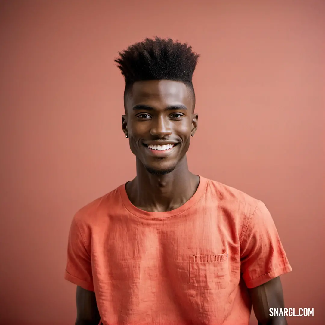 Man with a mohawk standing in front of a pink background. Color Burnt sienna.