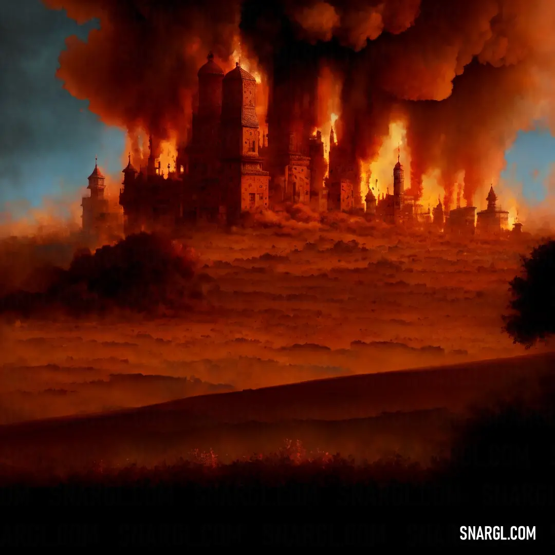 Painting of a city on fire with smoke billowing out of it's towers and buildings on a hill
