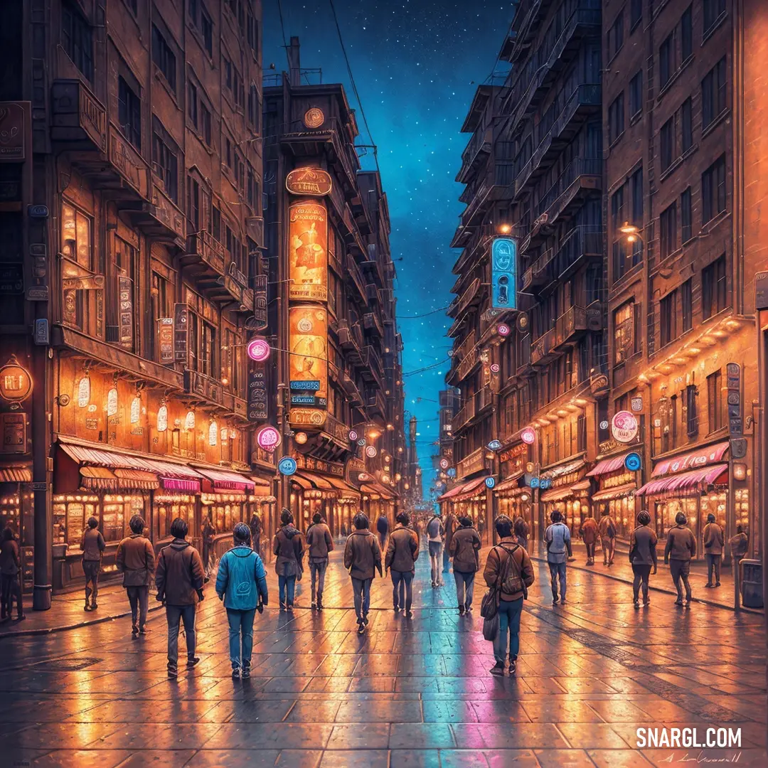 Painting of people walking down a city street at night time with buildings and lights on the buildings are lit up
