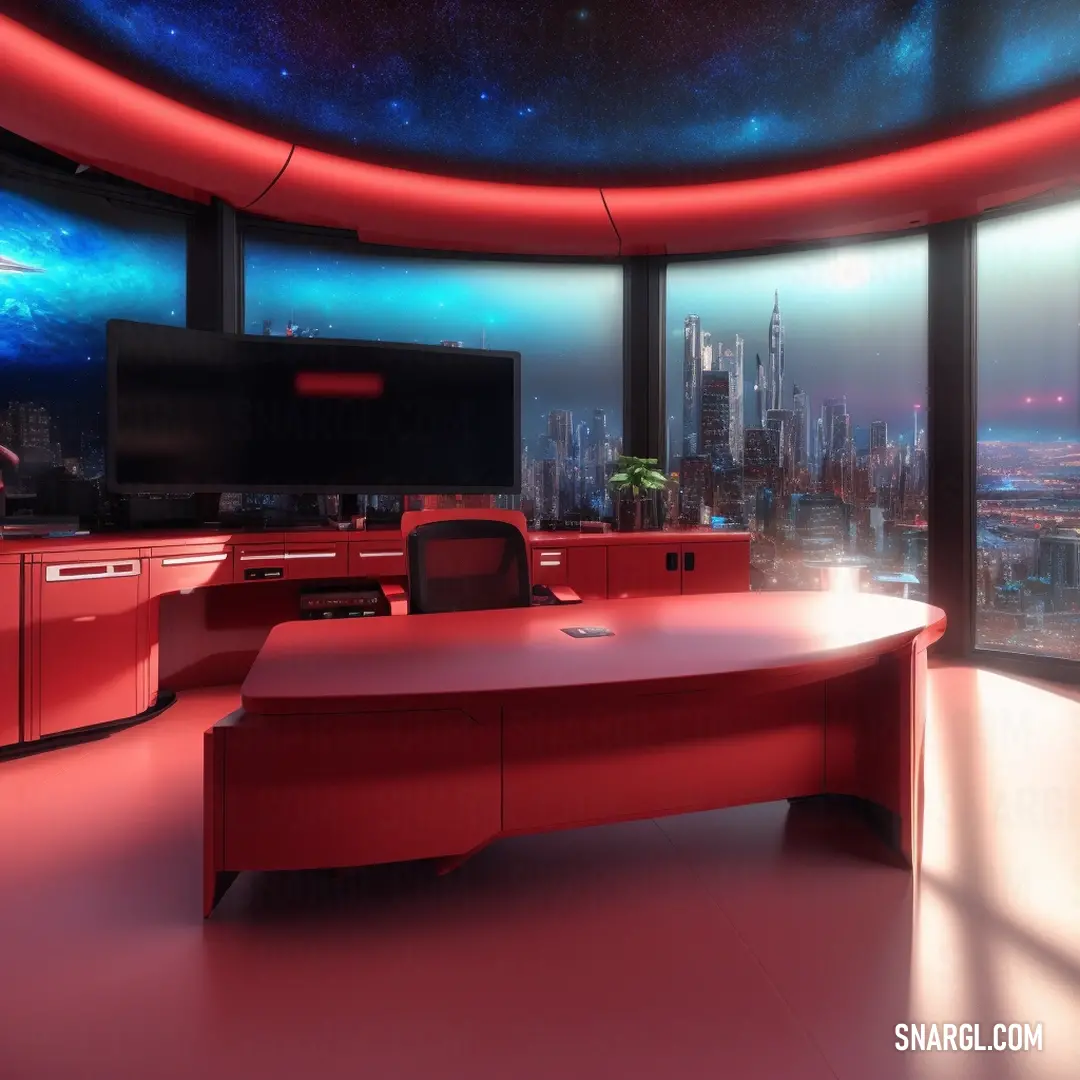 Room with a desk and a large window with a view of the city at night and stars in the sky