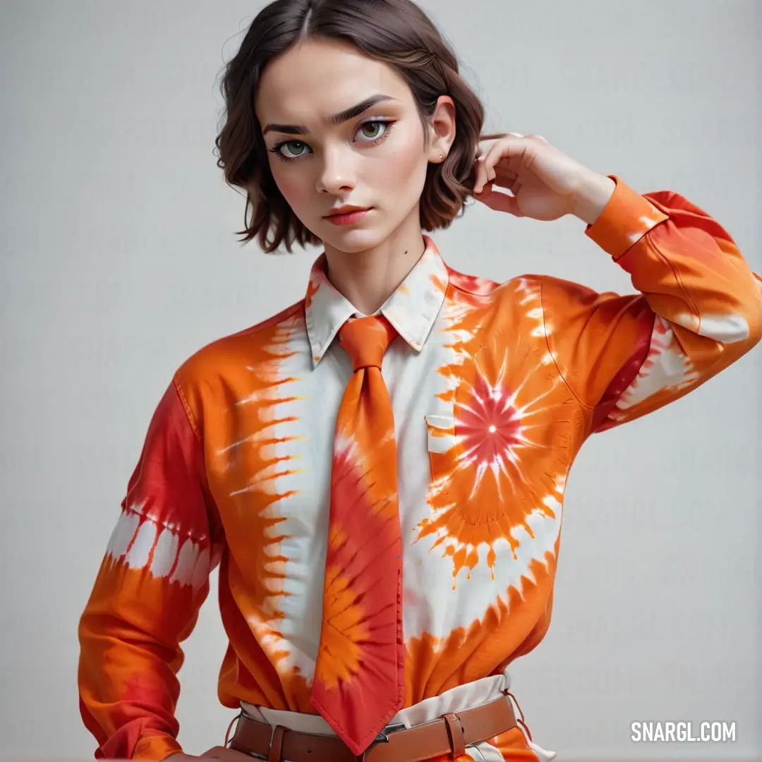 Woman in a tie and shirt poses for a picture with her hands on her head. Color CMYK 0,50,65,9.