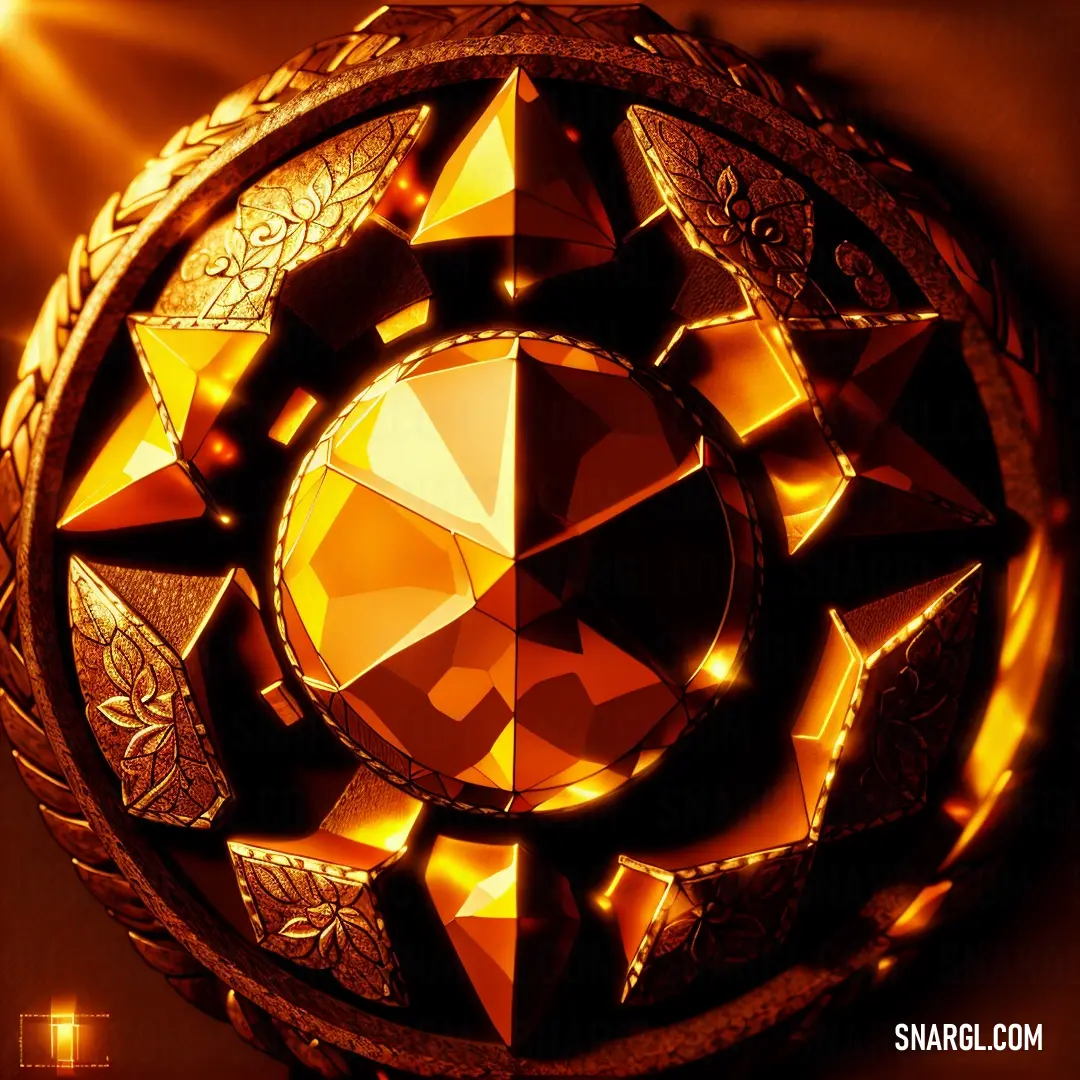 Golden circular object with a pattern of triangles and stars on it's surface