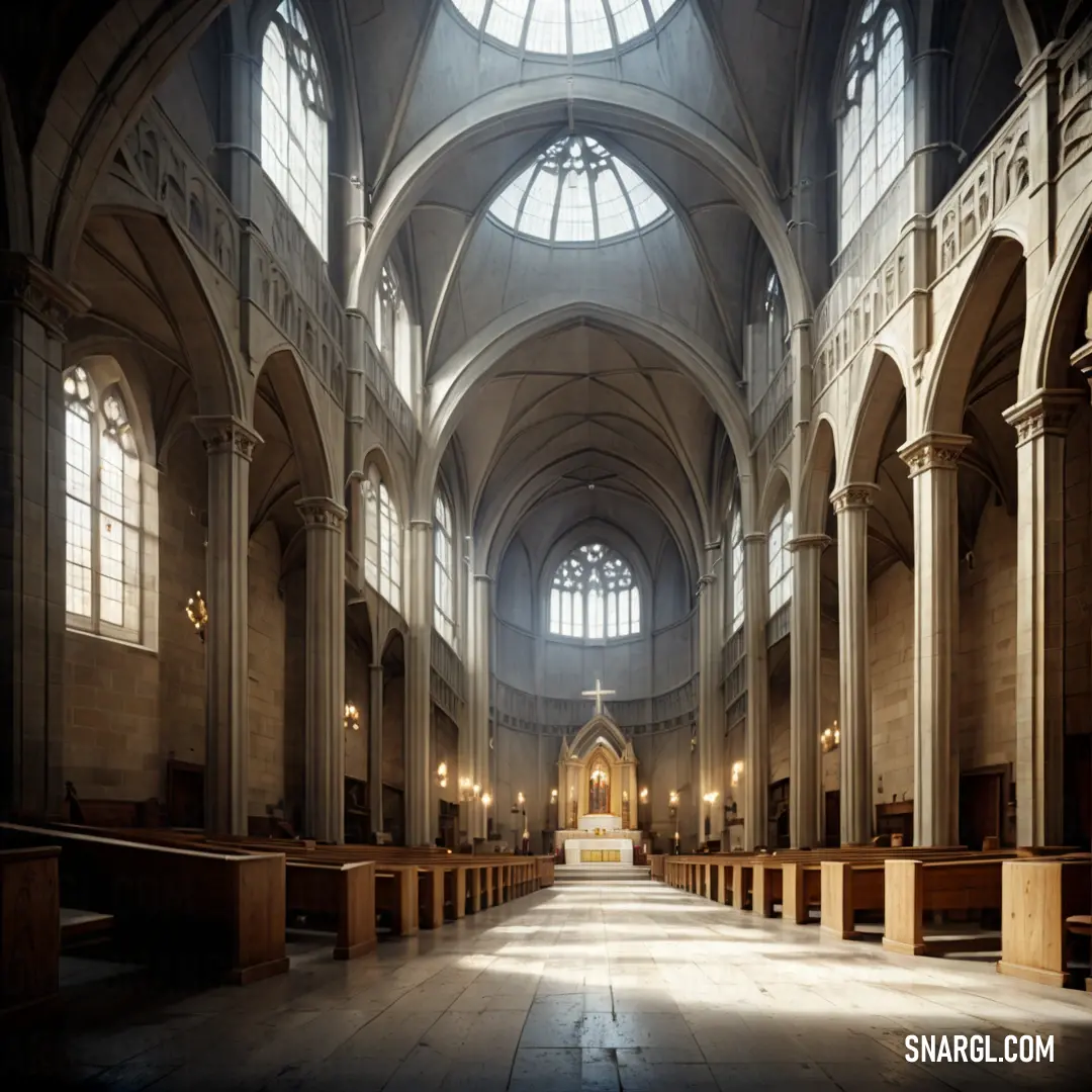 Large cathedral with a large arched ceiling and a long row of pews in the center of the room