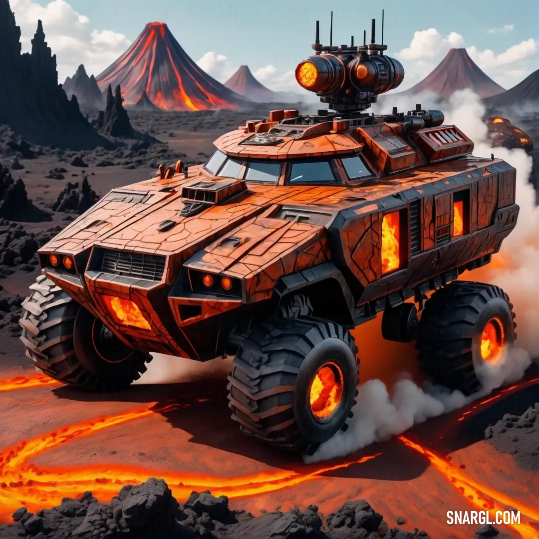 Large vehicle with a lot of flames coming out of it's tires on a desert landscape with mountains in the background