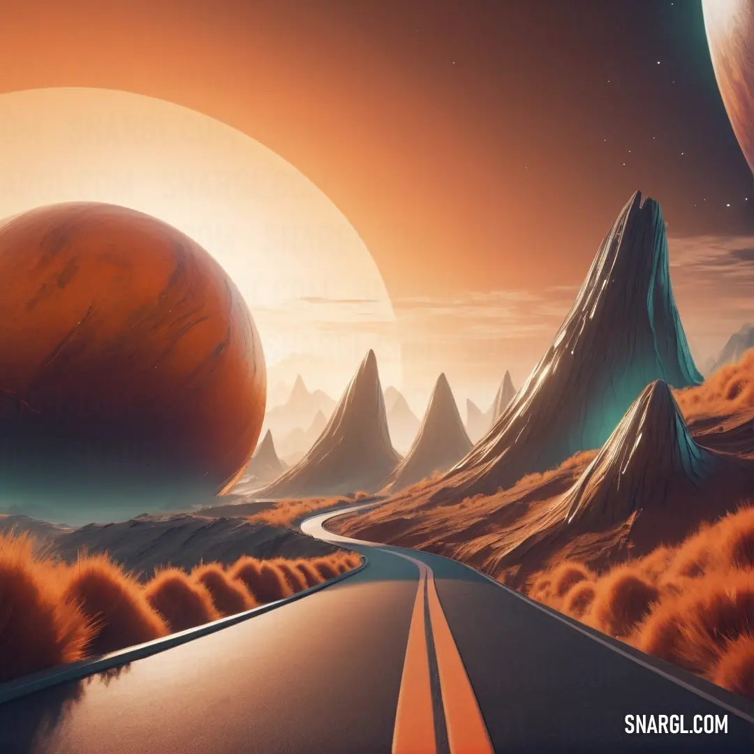 Painting of a road going through a desert with mountains and planets in the background. Example of #8A3324 color.