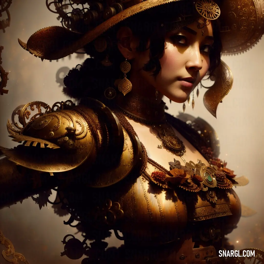 Woman in a steampunk outfit with a clock on her chest and a hat on her head