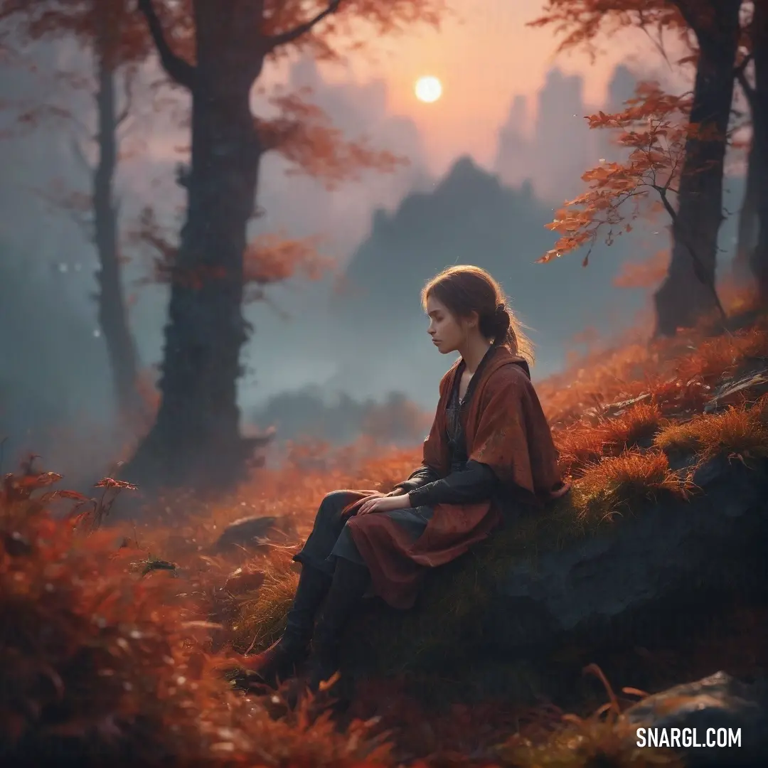 Burnt umber color example: Woman on a rock in a forest at sunset with the sun shining through the trees behind her