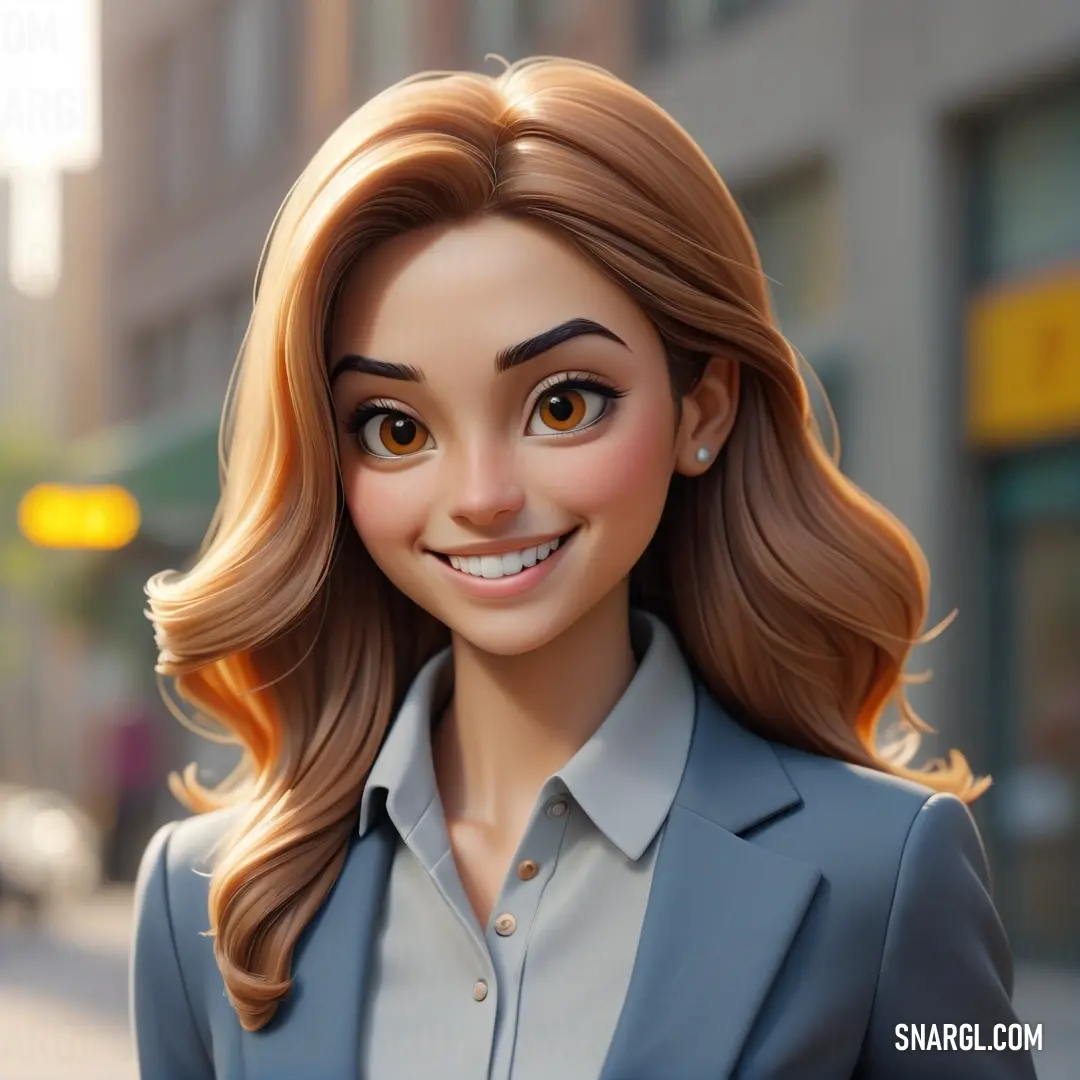 Cartoon woman with a smile on her face and a business suit on her shoulders