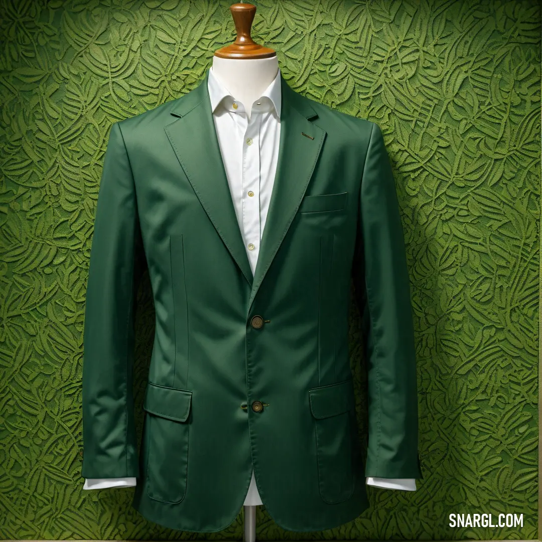 Green suit on a mannequin on a green wall with a white shirt and tie on it
