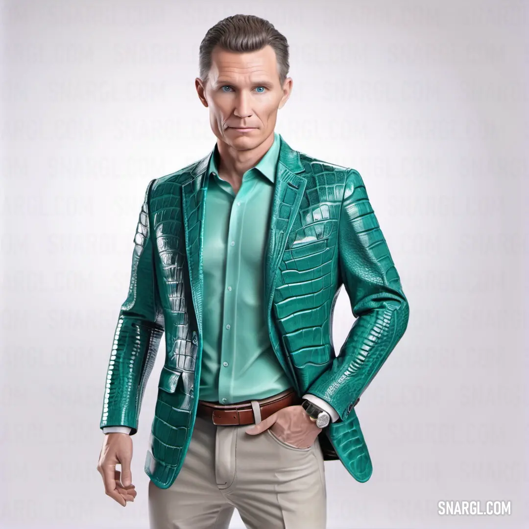 Man in a green jacket and tan pants is posing for a picture with his hands in his pockets