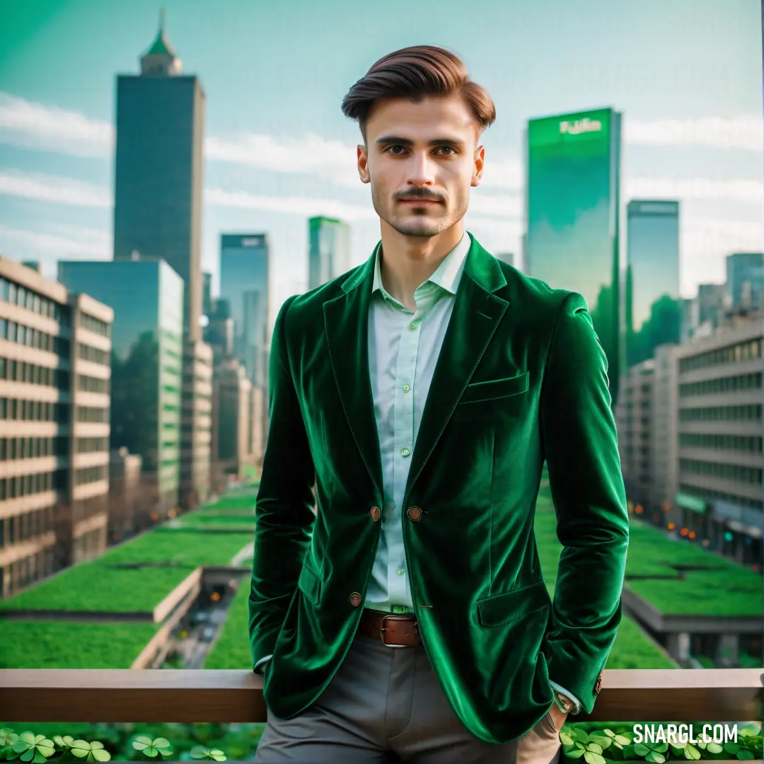Man in a green suit standing on a balcony with a city in the background