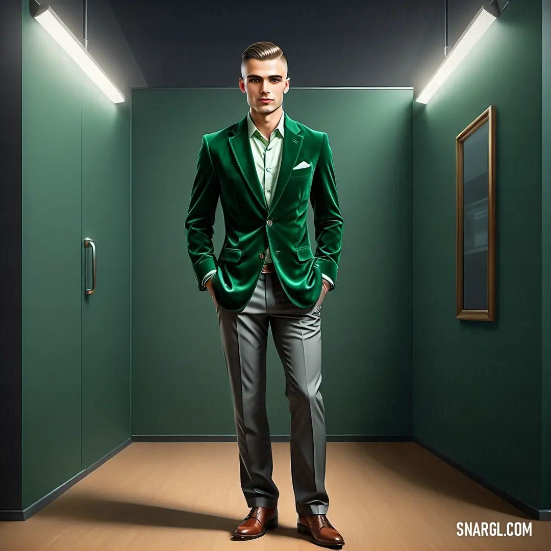 Man in a green suit standing in a hallway with a mirror on the wall behind him and a door to the other side