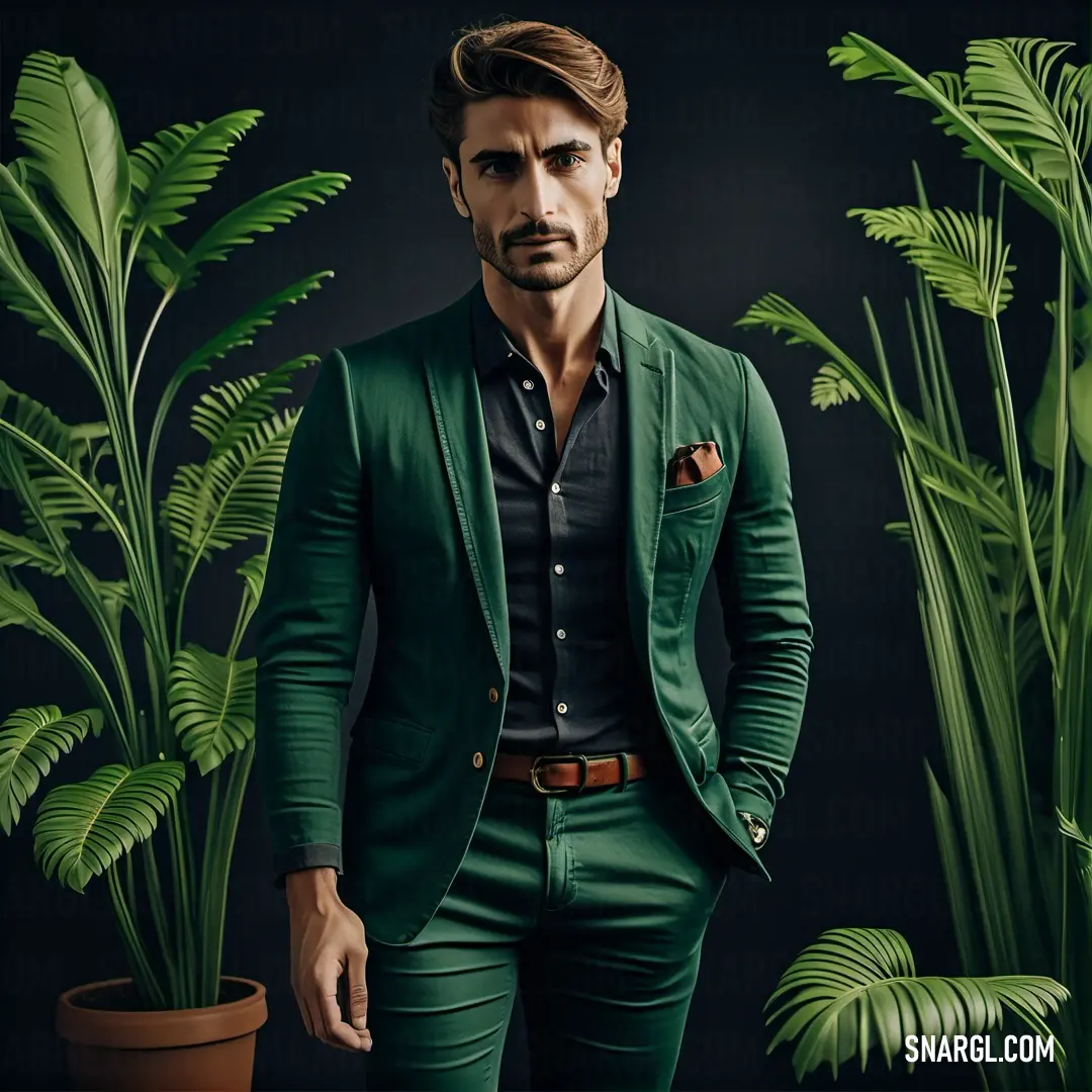 Man in a green suit standing in front of a plant and a potted plant in a black background