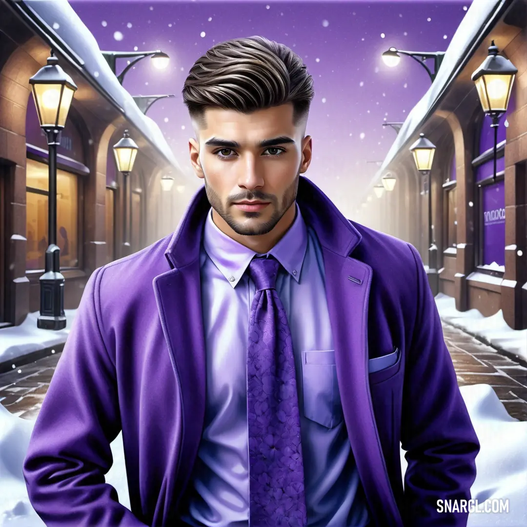 Man in a purple suit and tie standing in the snow in front of a building with a street light