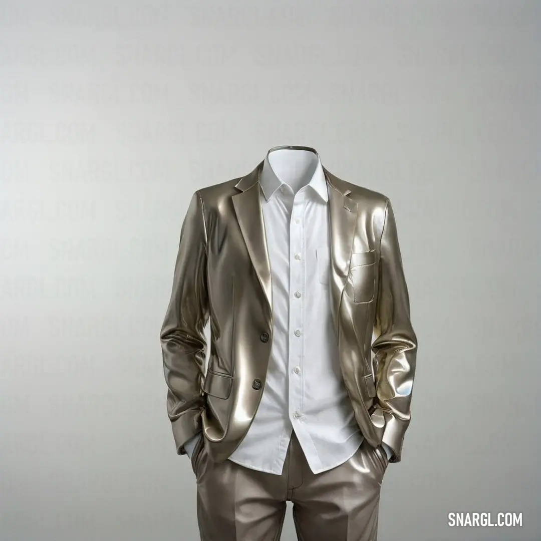 Shiny gold suit and white shirt standing in front of a gray background with his hands in his pockets