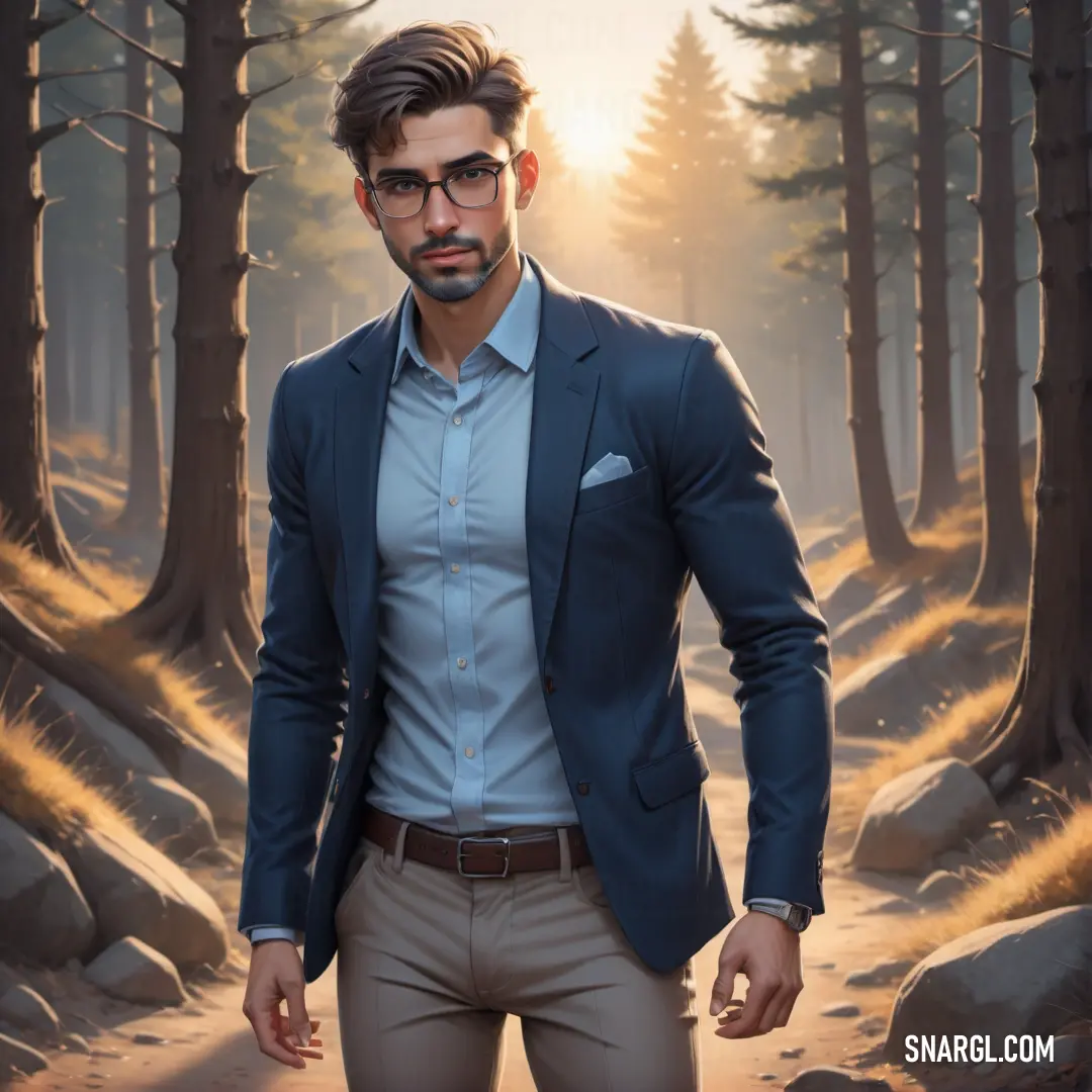 Man in a suit and glasses standing in a forest with rocks and trees in the background