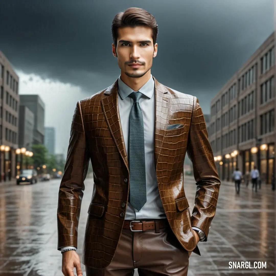 Man in a suit and tie standing in the rain in a city street with buildings and a dark sky