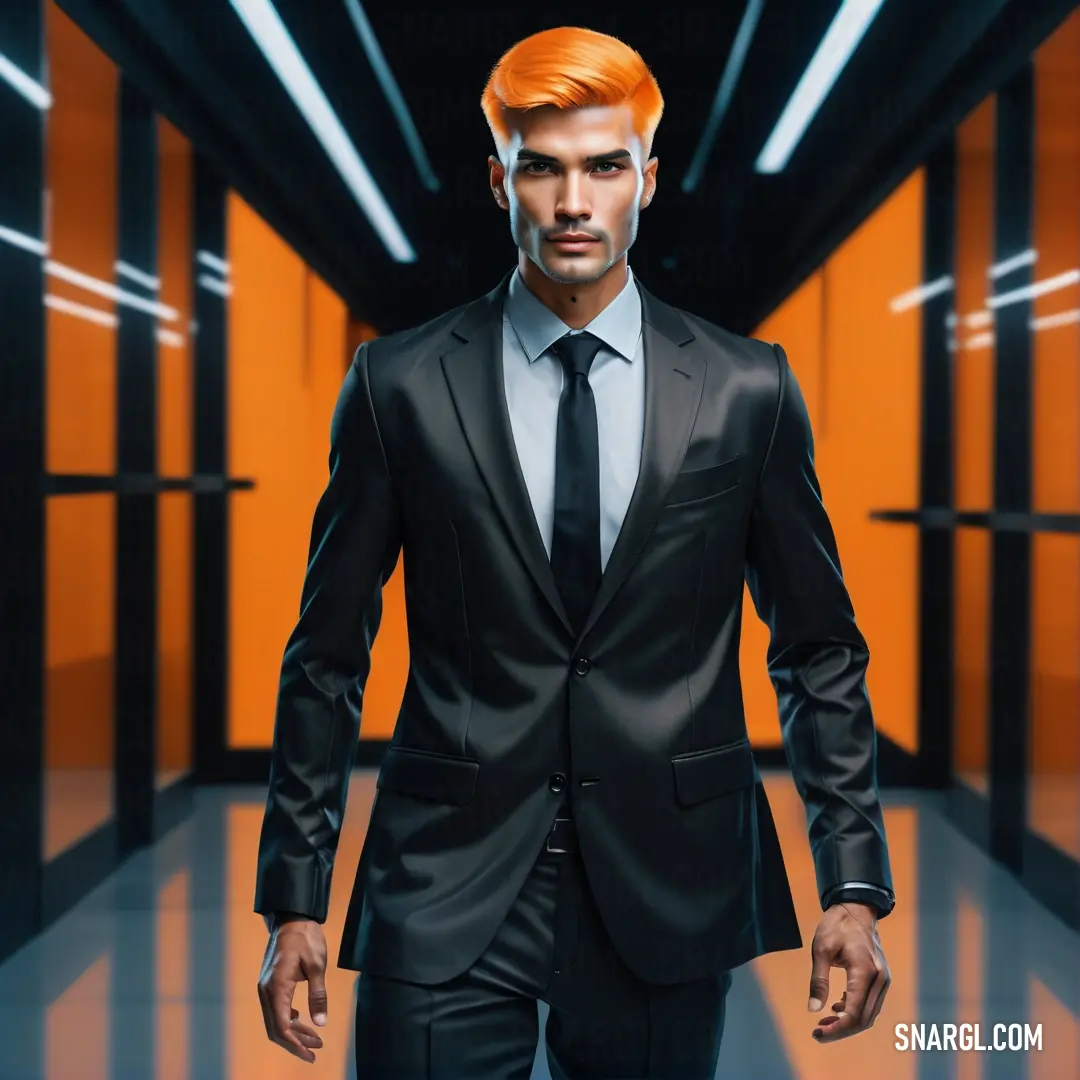 Man in a suit and tie walking down a hallway with orange walls and lights on the ceiling