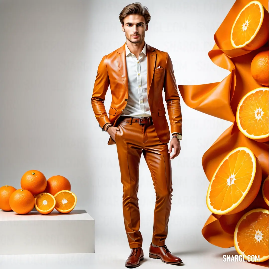 Man in a suit standing next to a pile of oranges