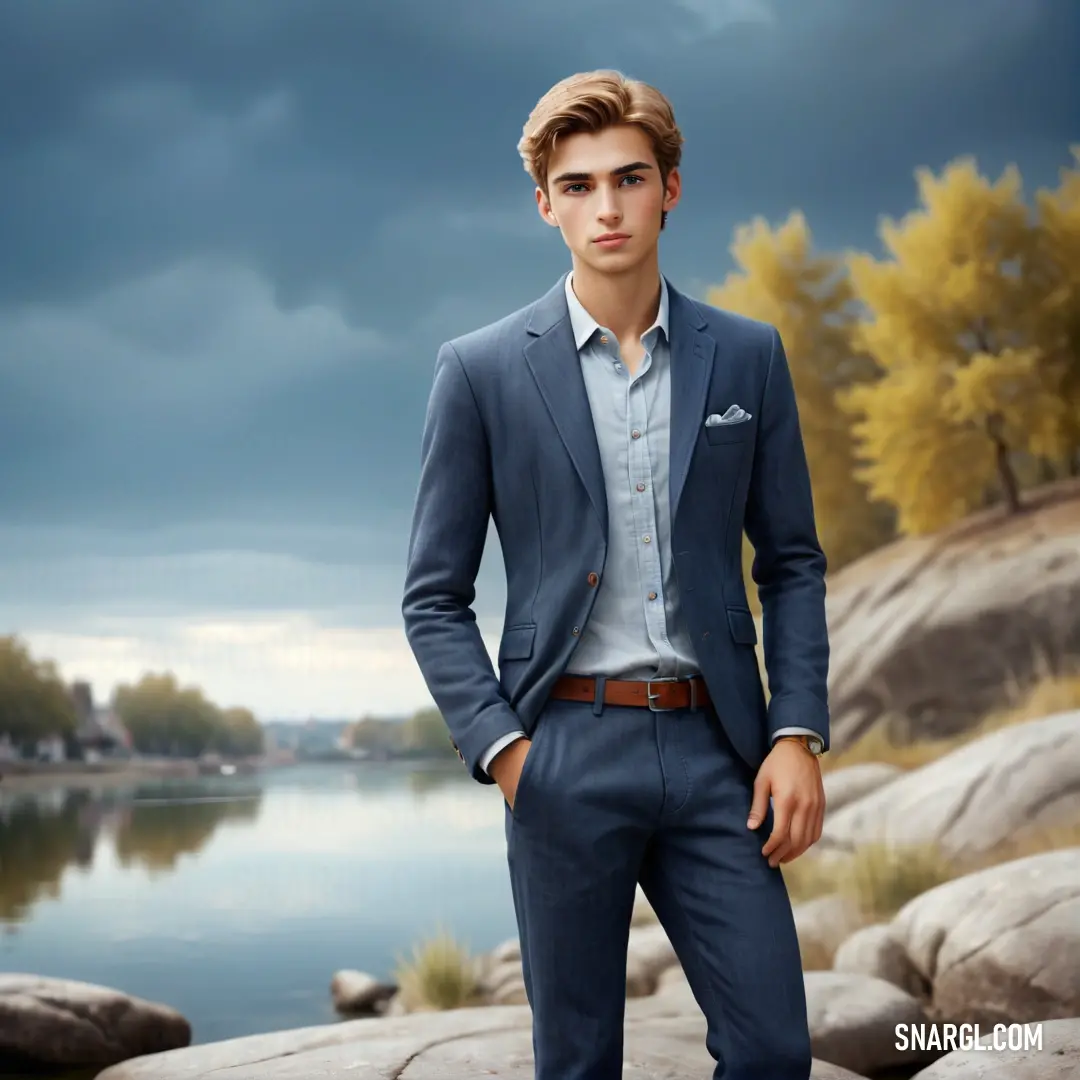Man in a suit standing on a rock near a lake and a cloudy sky with a few clouds