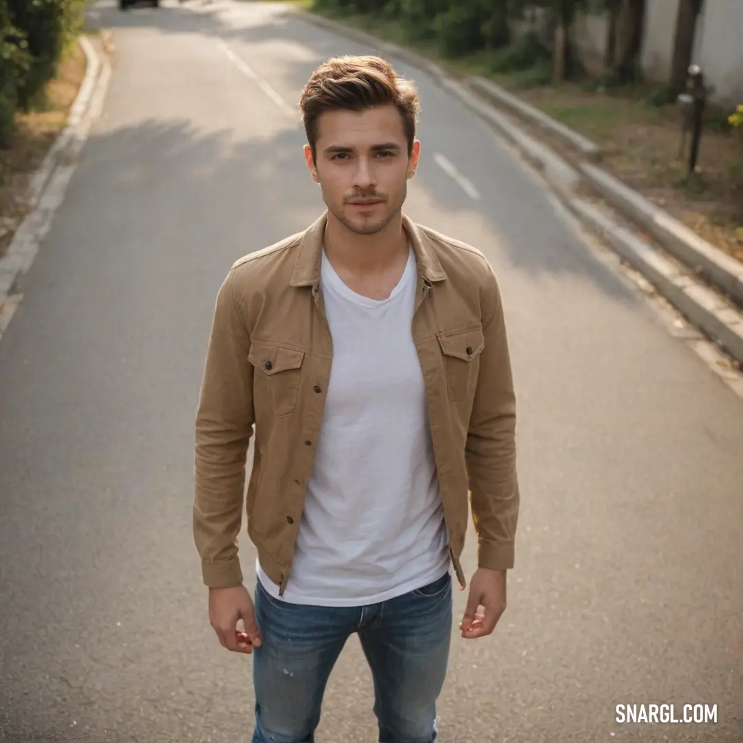 Man standing on the side of a road wearing a jacket and jeans and a white t - shirt