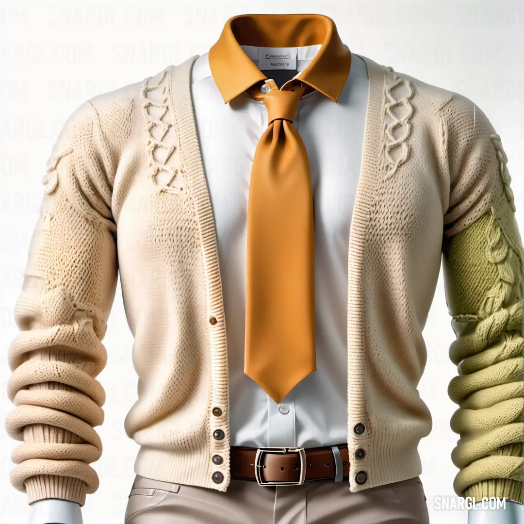 Man wearing a yellow tie and a white shirt with a brown sweater and tan pants