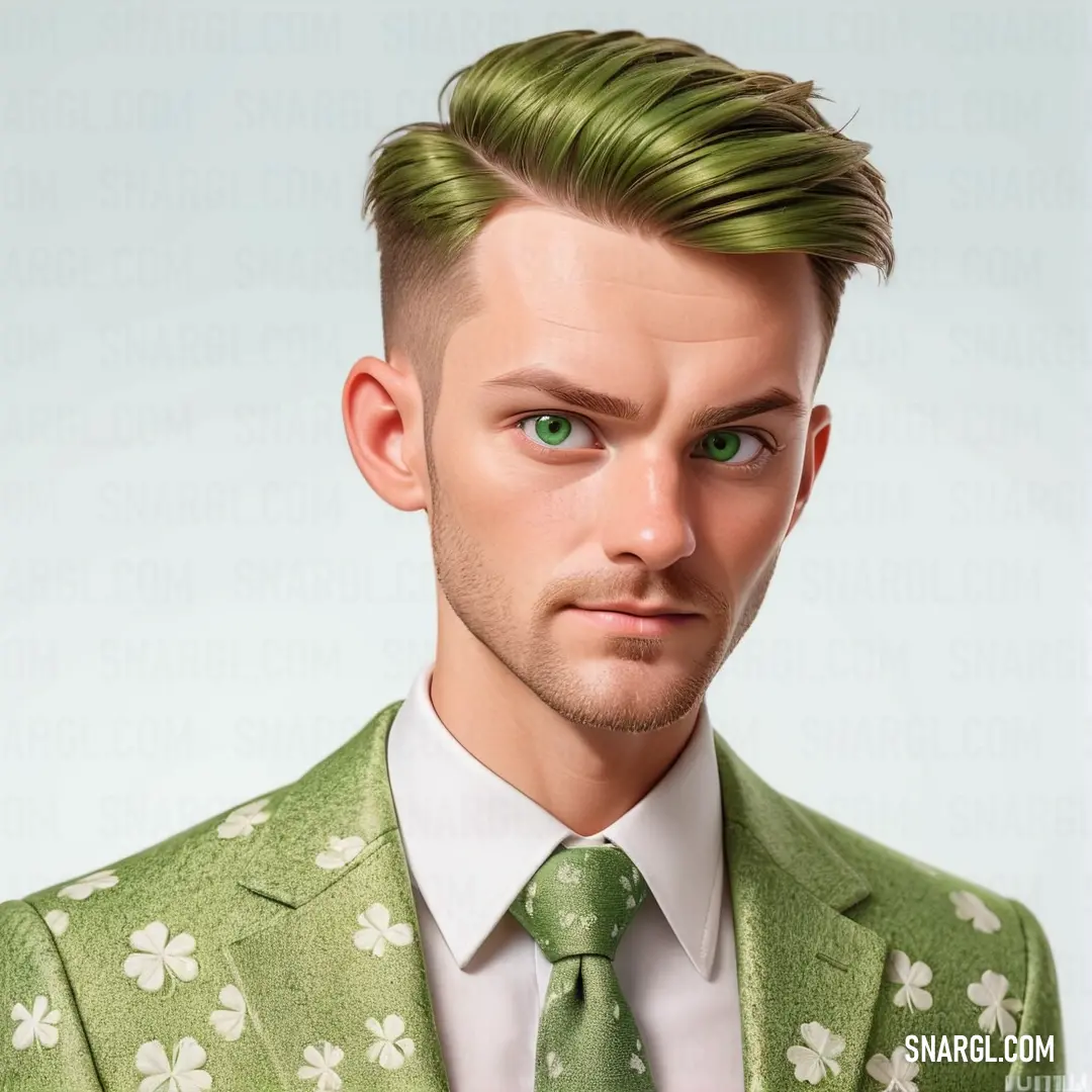 Man with a green tie and a green suit jacket and white shirt and shamrocks on it's lapel
