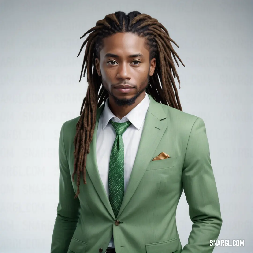 Man with dreadlocks wearing a green suit and tie with a green tie and a white shirt