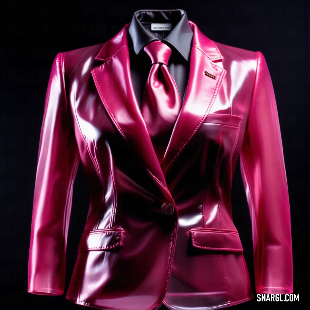 Shiny pink suit with a black shirt and tie on a mannequin dummyequin dummyequin