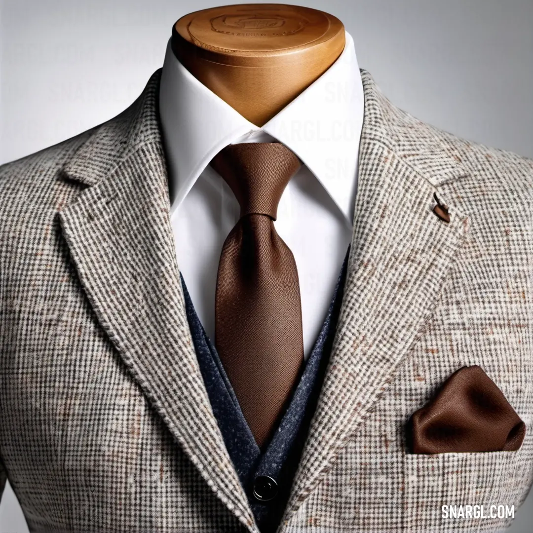 Suit with a brown tie and a white shirt and a brown and blue tie and a brown