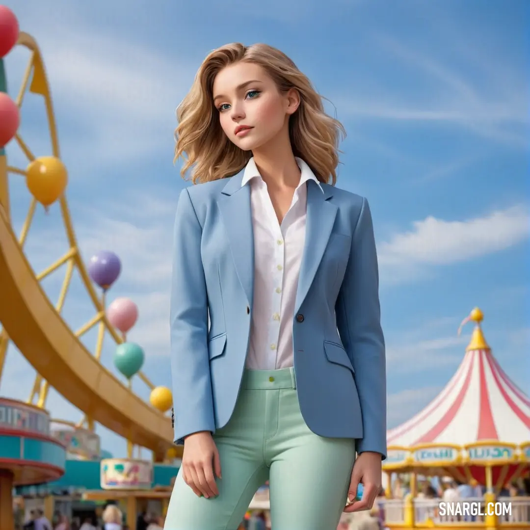 Woman in a blue jacket and green pants standing in front of a carnival ride with a carousel in the background