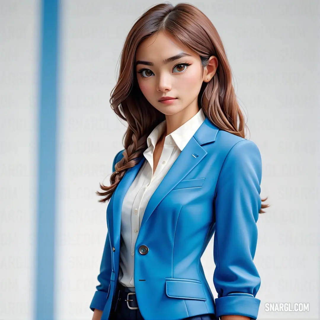 Woman in a blue suit and white shirt is posing for a picture with her hands on her hips