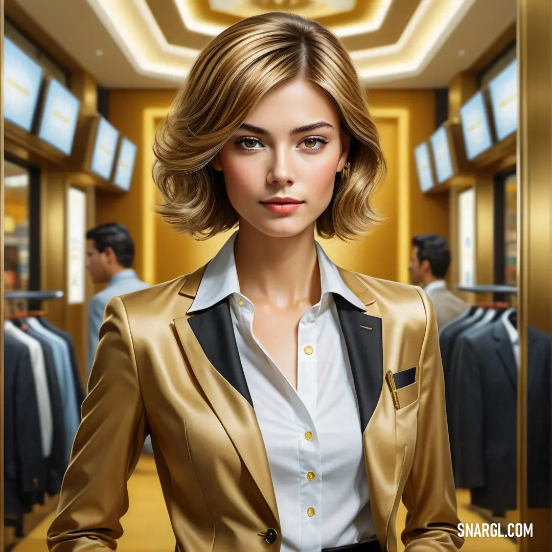 Woman in a gold jacket standing in a room with a mirror on the wall