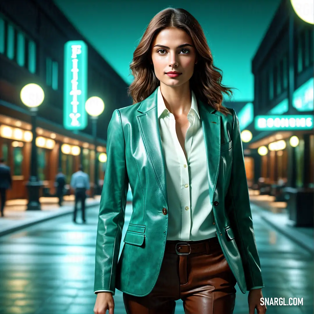 Woman in a green jacket and brown pants is walking down a street at night with a neon sign in the background