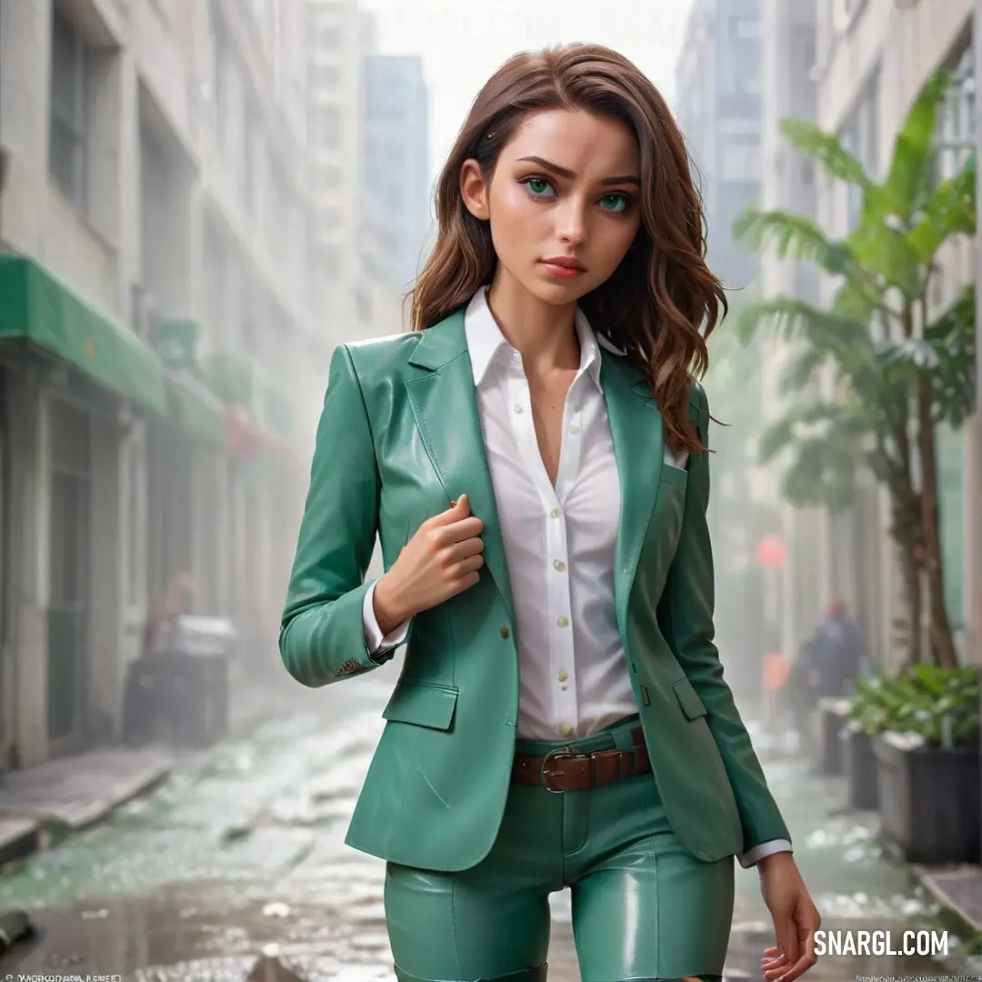 Woman in a green suit and white shirt is walking down a street in the rain with her hand on her hip