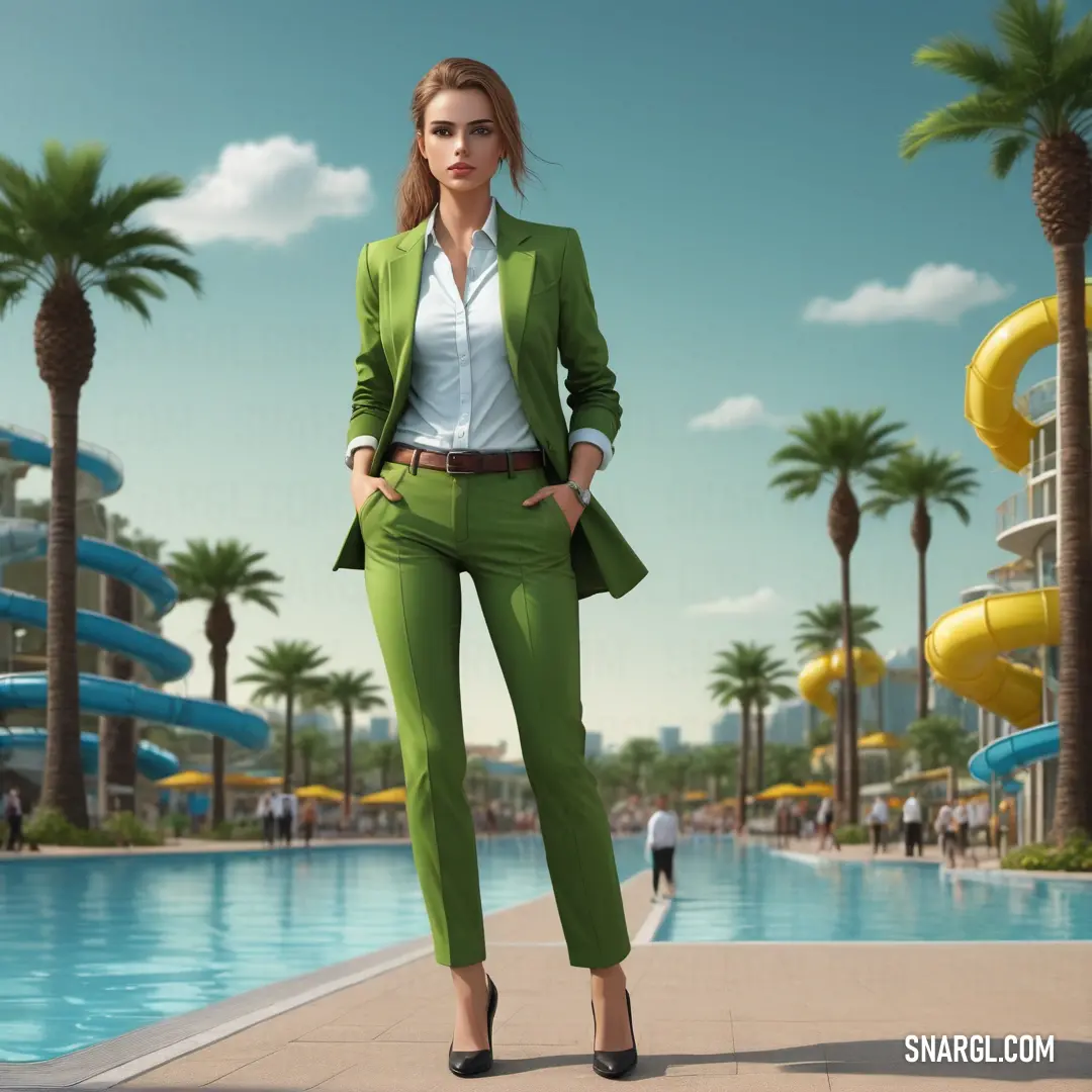 Woman in a green suit standing in front of a pool with slides in the background and palm trees