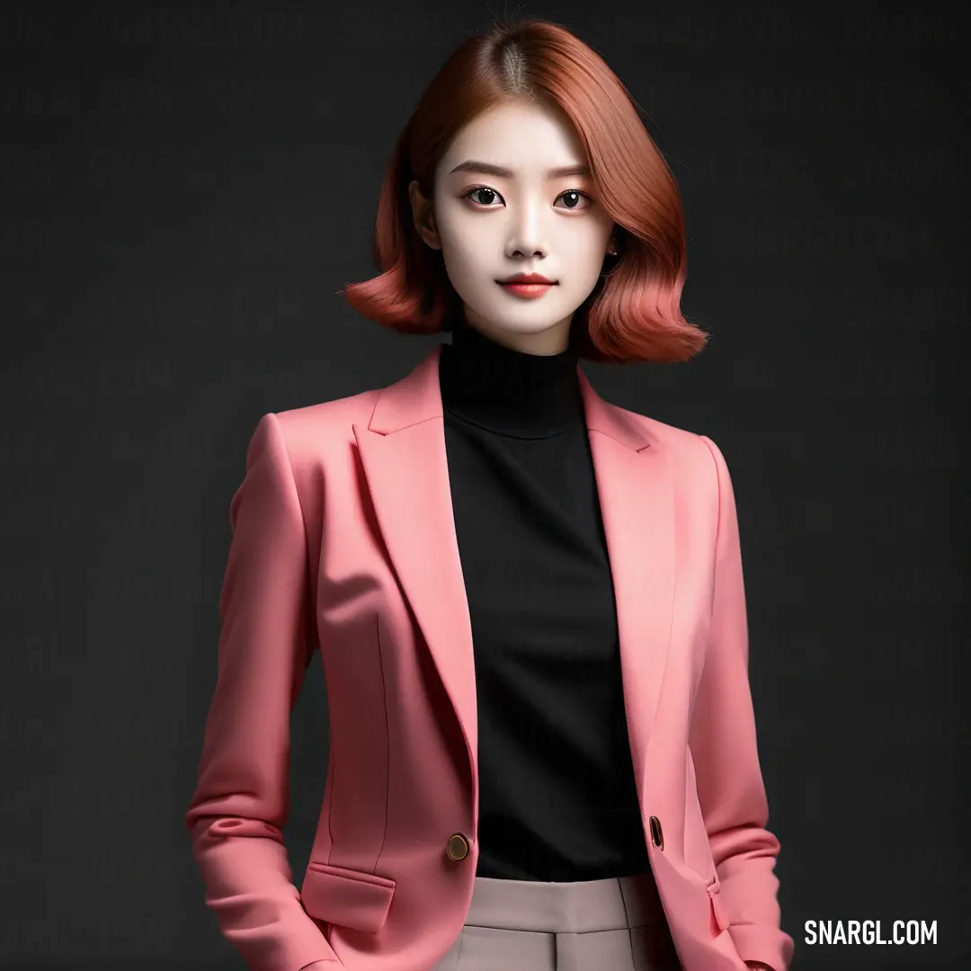 Woman in a pink suit and black turtle neck top standing in front of a black background with her hands in her pockets