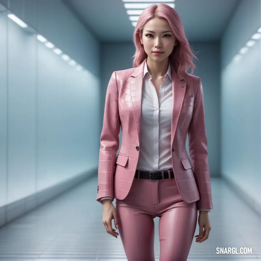 Woman in a pink suit and white shirt is walking down a hallway with a light blue ceiling and a white tiled floor