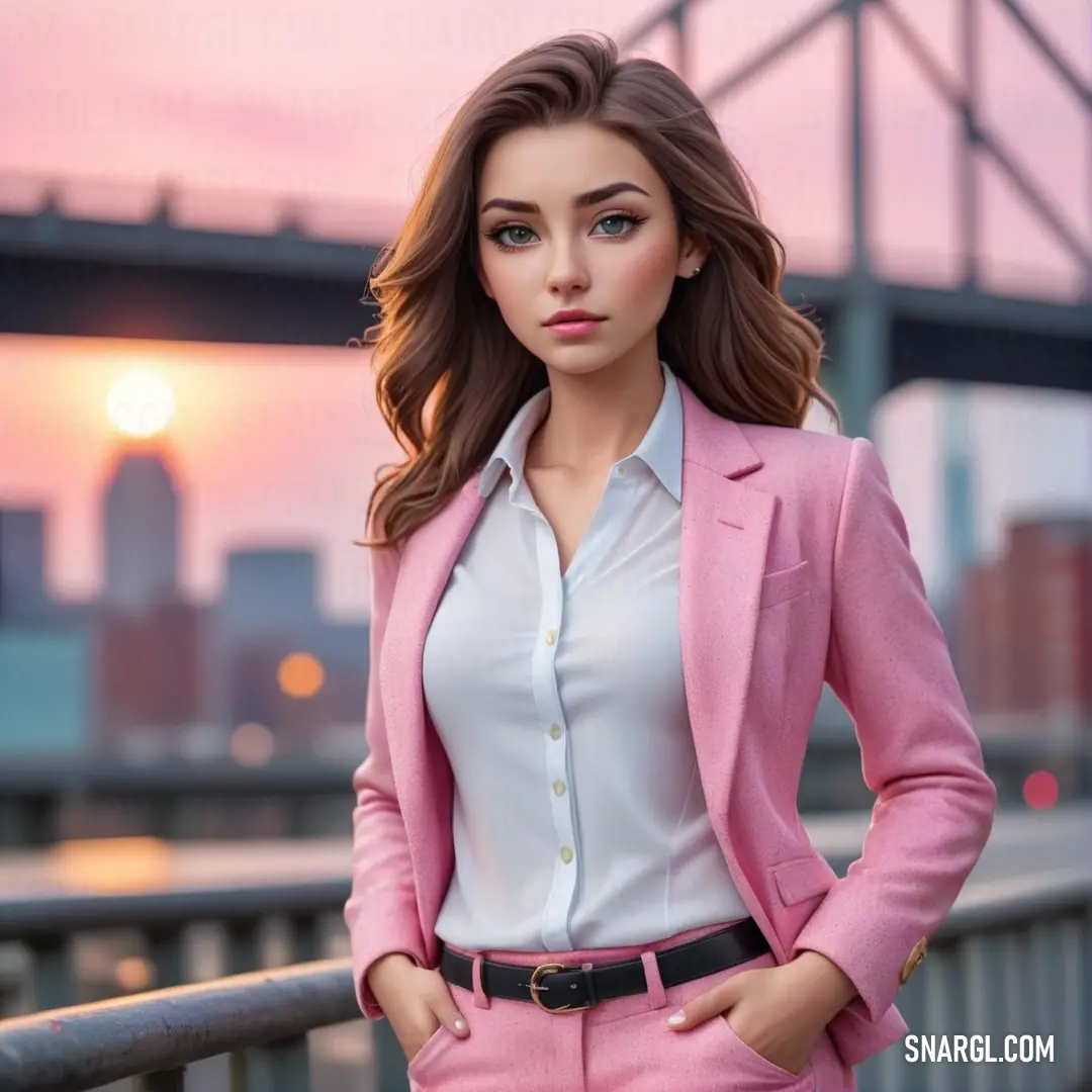 Woman in a pink suit and white shirt posing for a picture with a bridge in the background